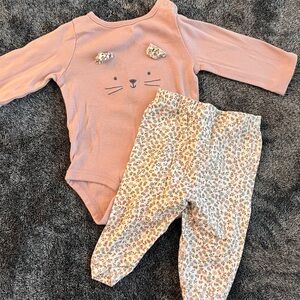 Adorable Pink Cat Onesie and Floral Pants Set